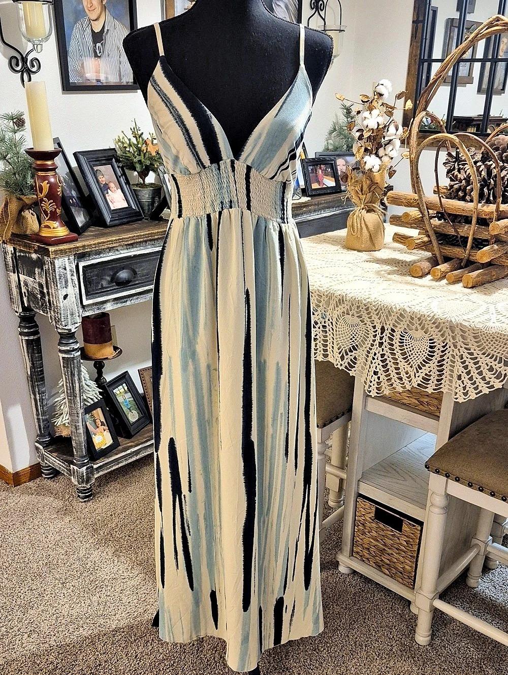 Khush - Abstract Stripe Maxi Dress in Cream & Blue